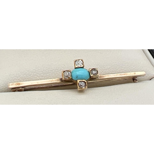 1075 - An antique gold bar brooch set with a central oval cut turquoise cabochon and 4 round cut diamonds. ... 