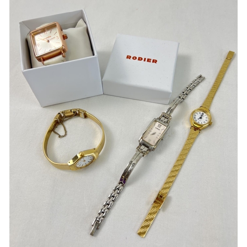 1133 - 4 ladies vintage and modern wristwatches. To include boxed rose gold tone Rodier with white leather ... 