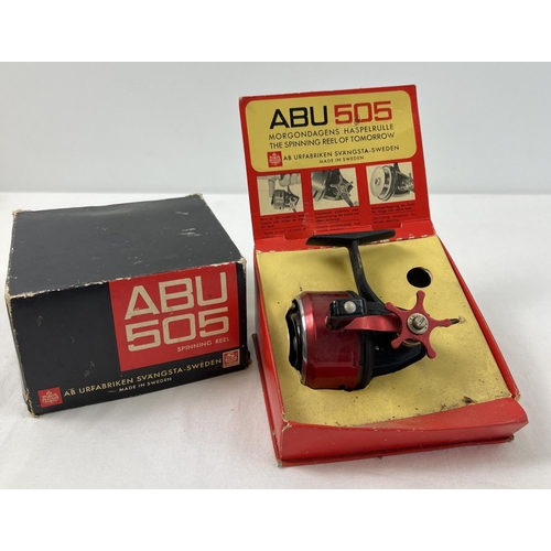 1396 - A boxed vintage Swedish ABU-505 closed face fishing reel in red chrome and black finish. Donated to ... 