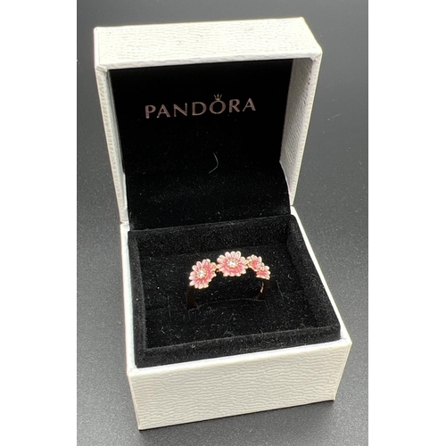 1096 - A 14ct rose gold plated and enamel 3 pink daisy dress ring by Pandora. Inside of band marked 'ale Me... 