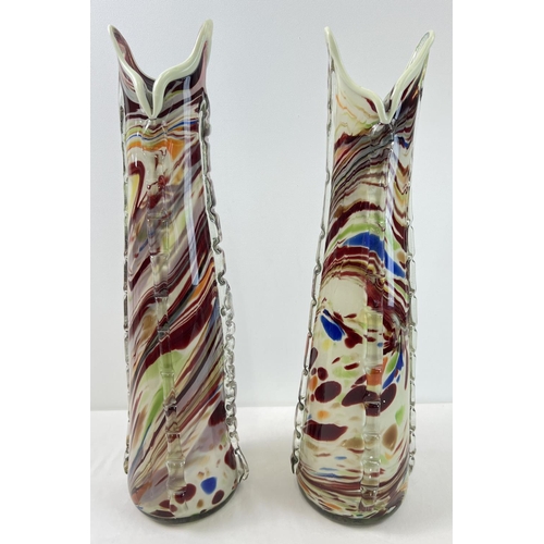 1297 - A very large pair of vintage end of day glass vases. Teardrop shaped with clear glass overlay detail... 