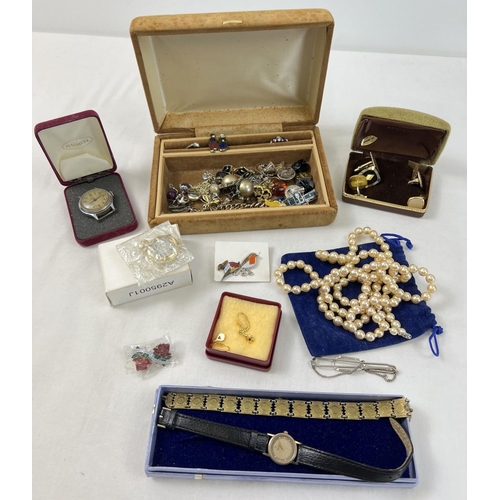 1109 - A vintage jewellery box & contents together with a collection of assorted vintage jewellery & watche... 