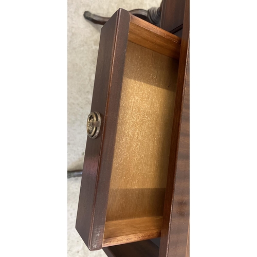 1496 - A modern dark wood, 2 drawer hall/console table with drop leaf ends. Brass claw feet & loop handles ... 