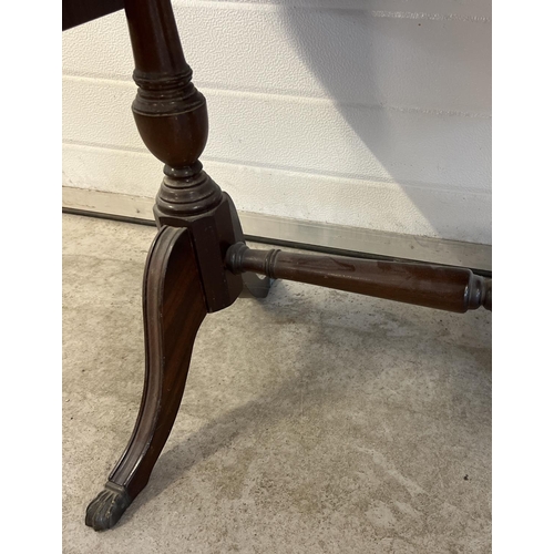 1496 - A modern dark wood, 2 drawer hall/console table with drop leaf ends. Brass claw feet & loop handles ... 