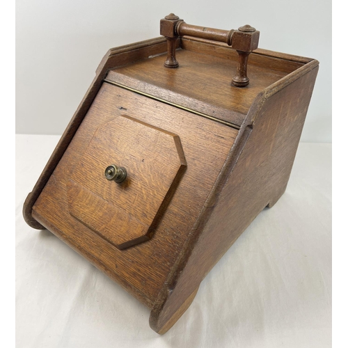 1498 - A vintage dark wood coal scuttle/box with turned wooden handle and lift up lid. Liner and scoop miss... 