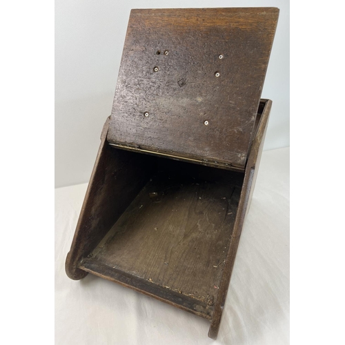 1498 - A vintage dark wood coal scuttle/box with turned wooden handle and lift up lid. Liner and scoop miss... 