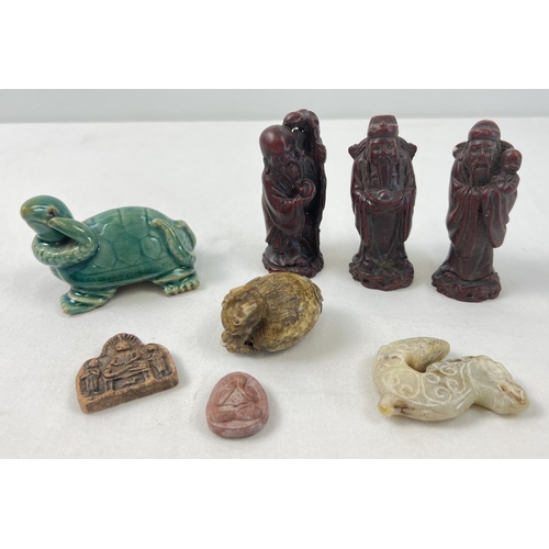 1307 - A small collection of Oriental carved stone & resin items together with a ceramic turtle & snake wit... 