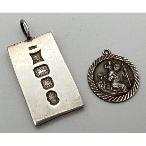 1112 - 2 vintage hallmarked silver pendants. A 1977 Jubilee ingot pendant, hallmarked to front (approx. 4cm... 