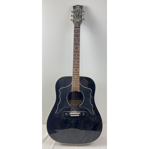 1342 - An Eros 906 Raven acoustic guitar in black finish. Model No. 1519. Small split to veneer on base. Ap... 