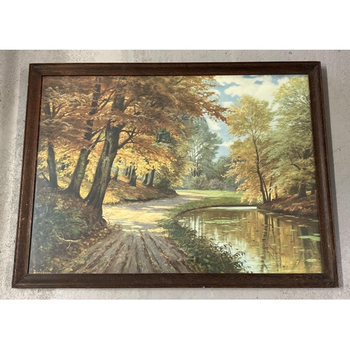 1472 - A framed and glazed large print of a woodland scene by Gllobjen. Frame size approx. 61 x 821 cm.