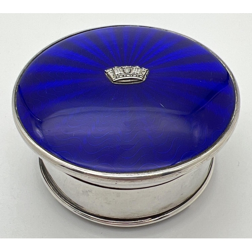 1154 - An Art Deco silver jewellery/trinket box with royal blue guilloche lid with central crown shaped emb... 