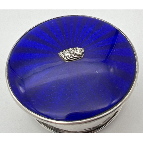 1154 - An Art Deco silver jewellery/trinket box with royal blue guilloche lid with central crown shaped emb... 