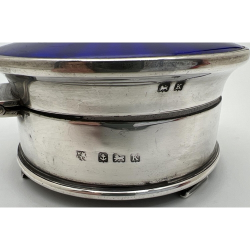 1154 - An Art Deco silver jewellery/trinket box with royal blue guilloche lid with central crown shaped emb... 