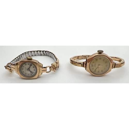 1139 - 2 vintage gold cased Swiss made 15 jewels ladies wristwatches. A round faced Record watch with expan... 