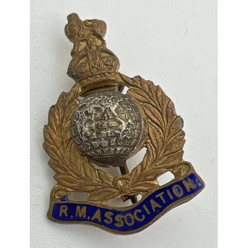 1224 - A WWII Royal Marine Association pin back badge with blue enamelled detail. Engraved to reverse with ... 