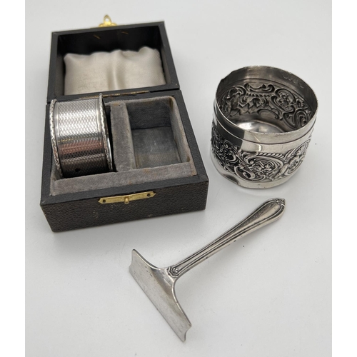 1158 - 3 vintage hallmarked silver items to include boxed napkin ring with engraved detail, hallmarked B'ha... 