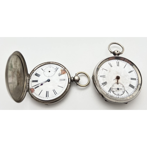 1141 - 2 vintage silver cased pocket watches, for spares or repair. An 800 silver double hunter with engine... 