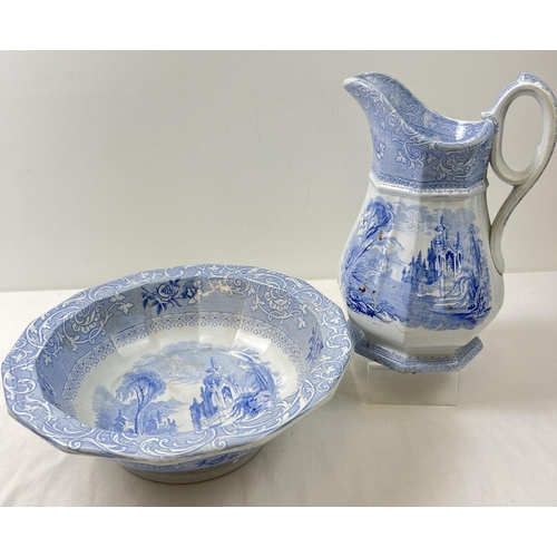 1269 - An Antique blue & white Davenport Ironstone China wash jug and matching bowl with classical scene an... 