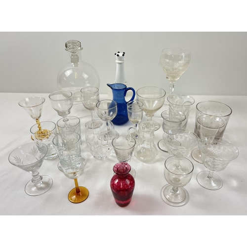 1303 - A collection of antique and vintage glass ware. To include Edwardian sherry glasses and tumbler, liq... 