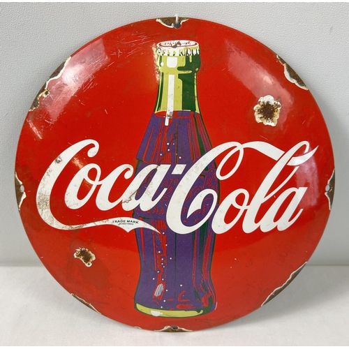 1188 - A circular shaped convex enamelled wall sign for Coca Cola. Approx. 29.5cm diameter.