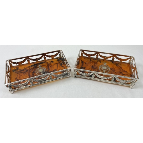 1160 - A pair of silver plated rectangular shaped coasters/trays with faux tortoiseshell bases, one a/f. Ga... 