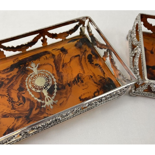 1160 - A pair of silver plated rectangular shaped coasters/trays with faux tortoiseshell bases, one a/f. Ga... 