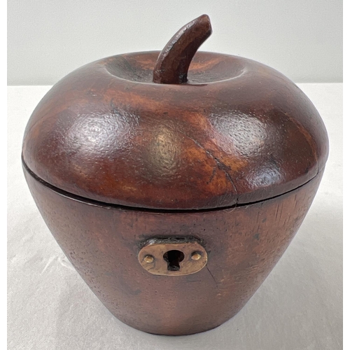 1426 - A Georgian style wooden tea caddy in the shape of an apple, with hinged lid. Interior lined with met... 