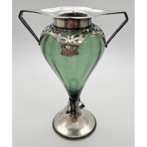 1163 - An Art Nouveau silver mounted 2 handled green glass vase, hallmarked R H Halford & Sons, London 1901...