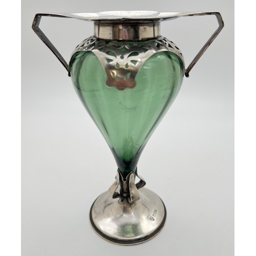 1163 - An Art Nouveau silver mounted 2 handled green glass vase, hallmarked R H Halford & Sons, London 1901... 