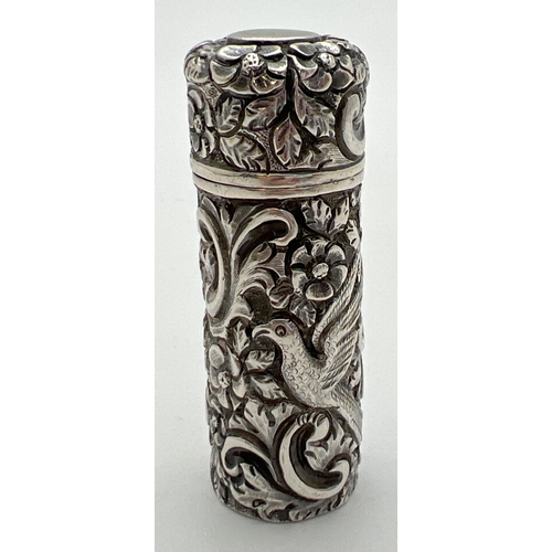 1165 - A Sampson Mordan & Co Victorian silver scent bottle embossed with birds and flowers in highly decora... 