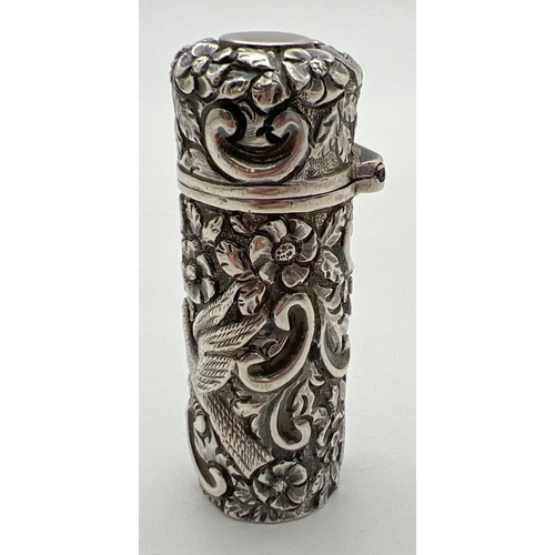 1165 - A Sampson Mordan & Co Victorian silver scent bottle embossed with birds and flowers in highly decora... 