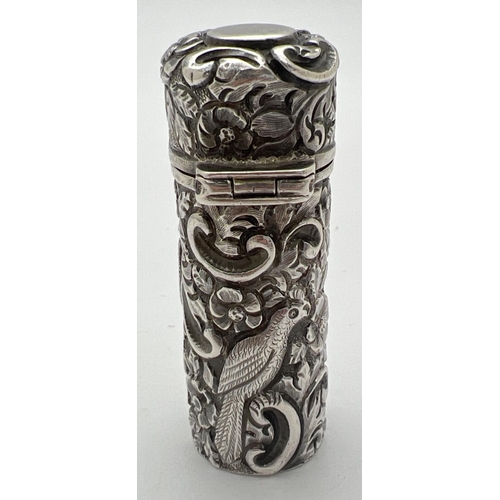 1165 - A Sampson Mordan & Co Victorian silver scent bottle embossed with birds and flowers in highly decora... 