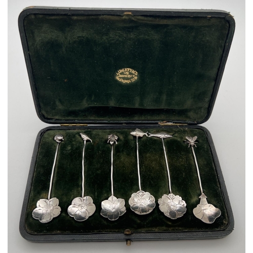 1167 - A set of 6 Japanese silver spoons in a Liberty & Co retail box. With fish, bird and insect shaped fi...
