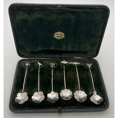 1167 - A set of 6 Japanese silver spoons in a Liberty & Co retail box. With fish, bird and insect shaped fi... 