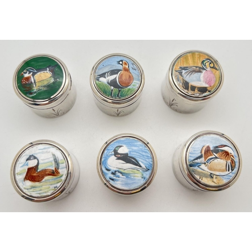 1170 - A set of 6 limited edition silver and enamel Peter Scott 'Wildfowl Trust' boxes, numbered 205 of 500... 