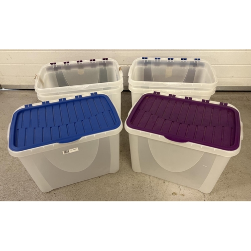 1428 - 6 plastic deep storage containers with foldable lids. Approx. 40cm tall.