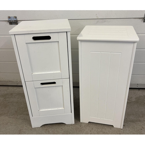 1502 - 2 modern white wood bathroom units. A 2 drawer slimline cupboard together with a laundry hamper with... 