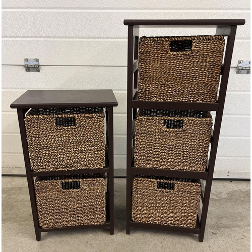 1504 - 2 matching modern dark wood and wicker drawer storage units. A 2 drawer and a 3 drawer unit. Largest... 