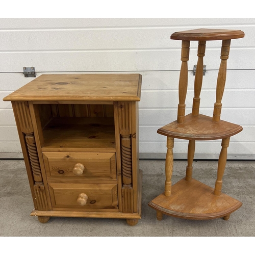 1506 - A modern heavy pine bedside cabinet with 2 drawers, carved column detail to front, bun feet and hand... 