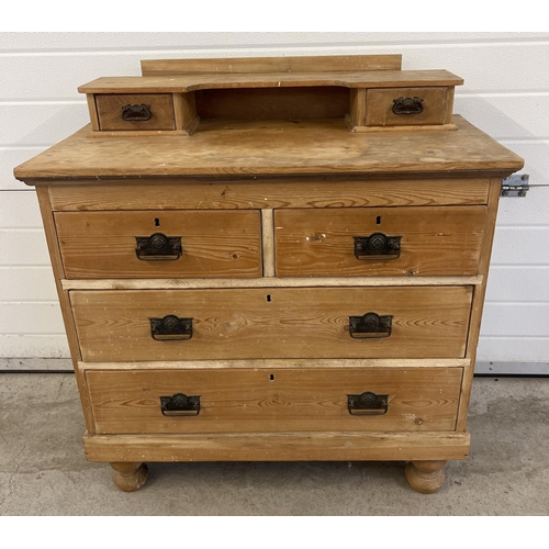 1524 - A vintage pine 4 drawer vanity chest with Art Nouveau metal drop down handles. 2 over 2 chest of dra... 