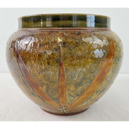 1276 - A Victorian Doulton Lambeth stoneware jardiniere with leaf pattern and autumnal colour salt glaze. A... 