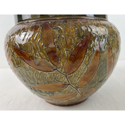 1276 - A Victorian Doulton Lambeth stoneware jardiniere with leaf pattern and autumnal colour salt glaze. A... 