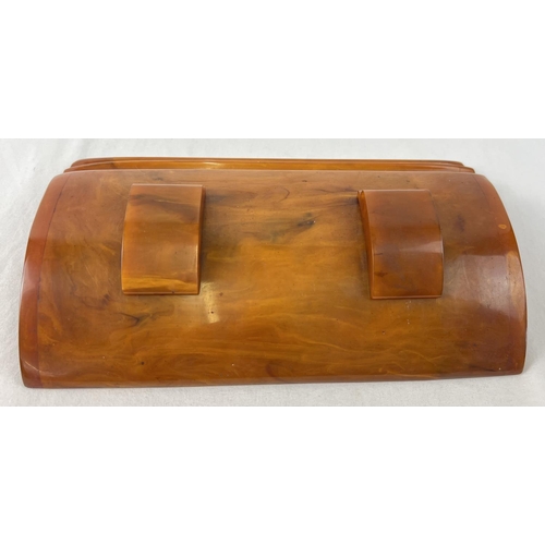 1440 - An Art Deco Carvacraft butterscotch bakelite desk standish with inkwells for black & red ink. Slidin... 