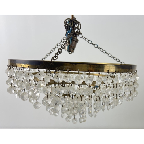 1492 - A vintage 4 tier brass & glass chandelier style light fitting with hanging chains. Approx. 29cm diam... 