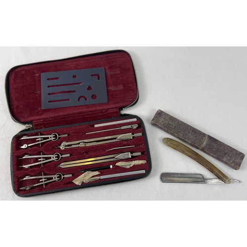 1375 - A vintage cased E Hellerman Ltd draughtsman's instrument set together with an antique boxed cutthroa... 