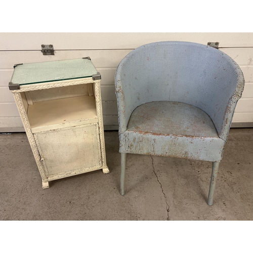 1539 - A vintage Lloyd Loom style basket chair by Spinney painted pale blue together with a white painted b... 