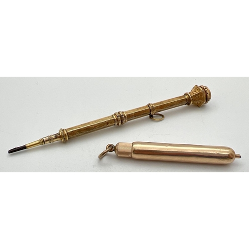 1185 - 2 early 20th century unmarked gold cased propelling pencils, both test as 14ct gold. A Mabie Todd & ... 