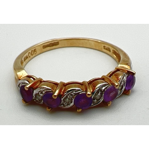 3 - A 9ct gold half eternity ring set with alternating round cut diamonds and amethysts, in twist design... 