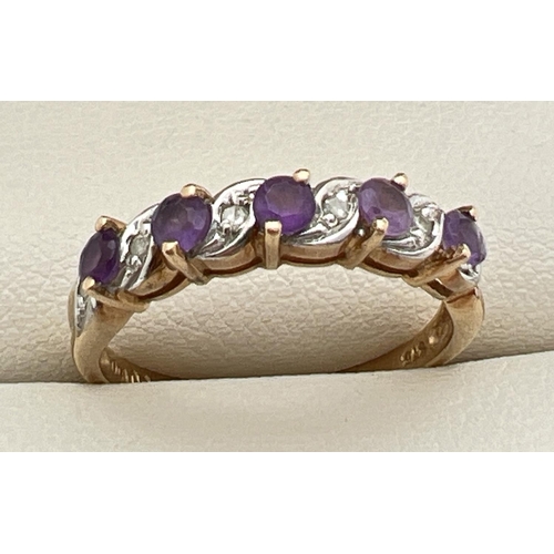 3 - A 9ct gold half eternity ring set with alternating round cut diamonds and amethysts, in twist design... 