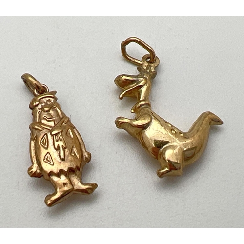 28 - 2 Hanna Barbera 'The Flintstones' cartoon character gold charm/pendants. Fred Flintstone and Dino Di... 